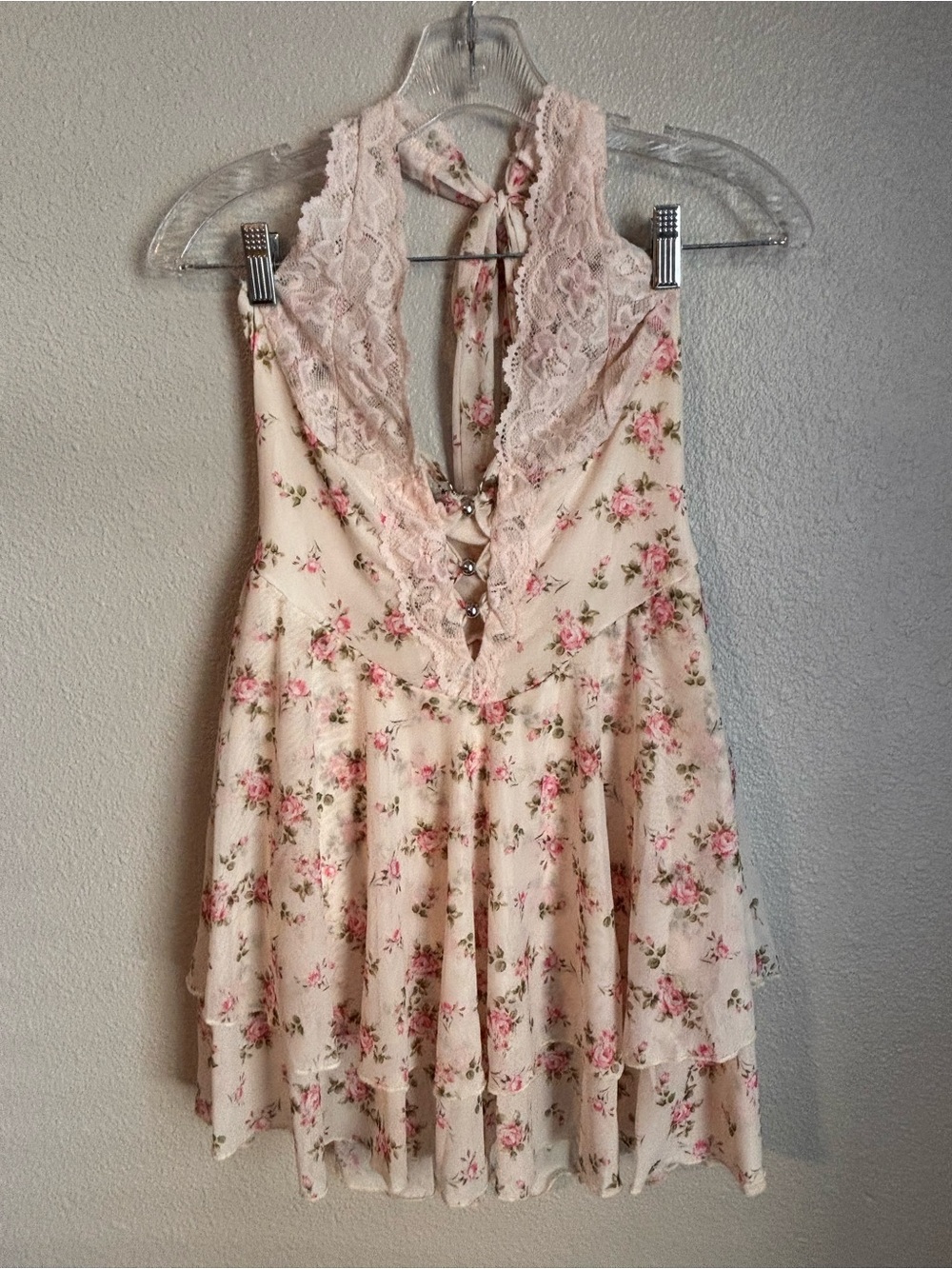 Cream Floral Lace-Trim Mini Dress with Pink Rose Print